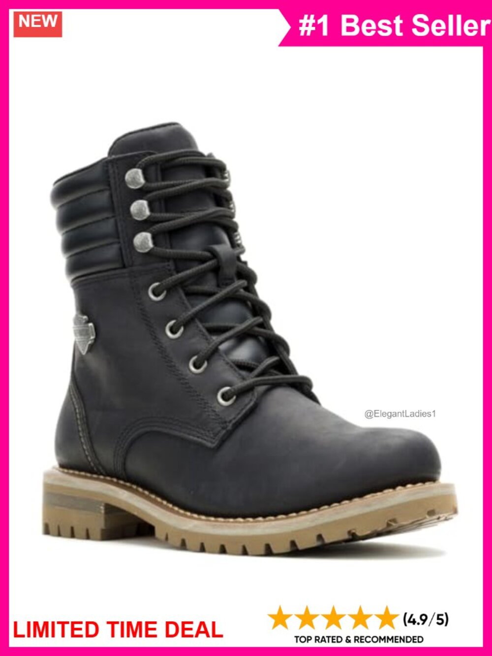 Full Grain Leather Lace Up Motorcycle Boots Ankle Block Heel